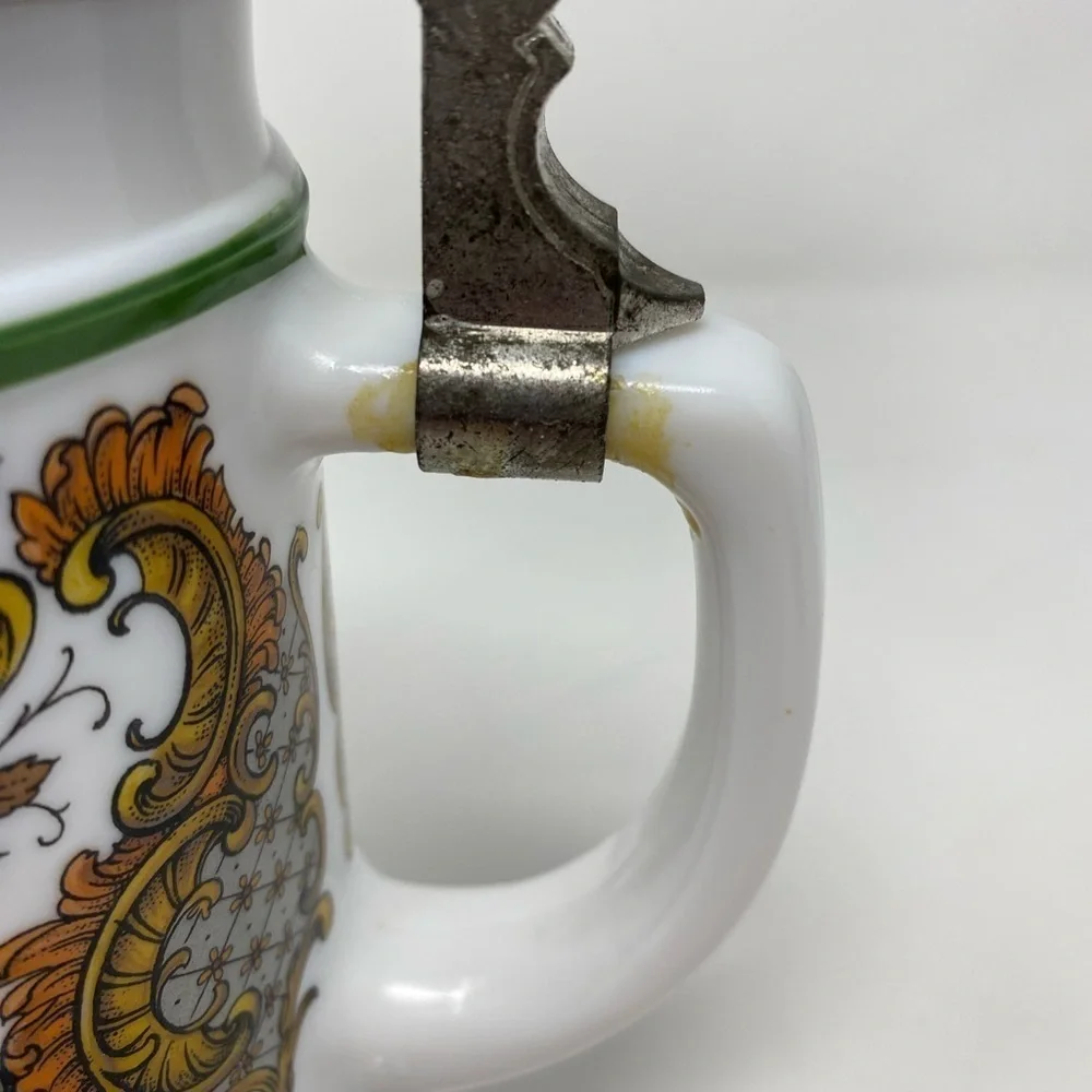 Vintage Western Germany BMF BierSeidel Milk Glass Beer Stein with Pewter Lid